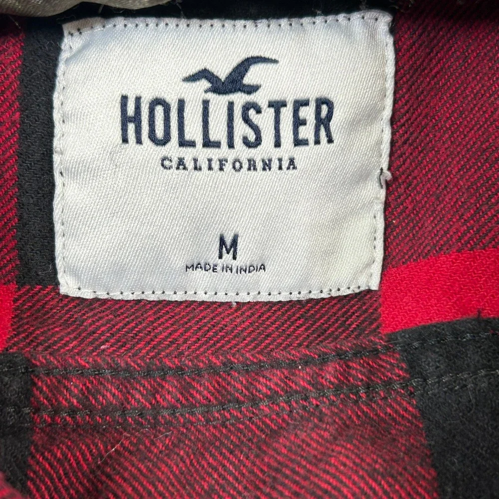 Hollister Hooded Flannel Mens M Buffalo Plaid Red Black Hoodie Shacket Shirt